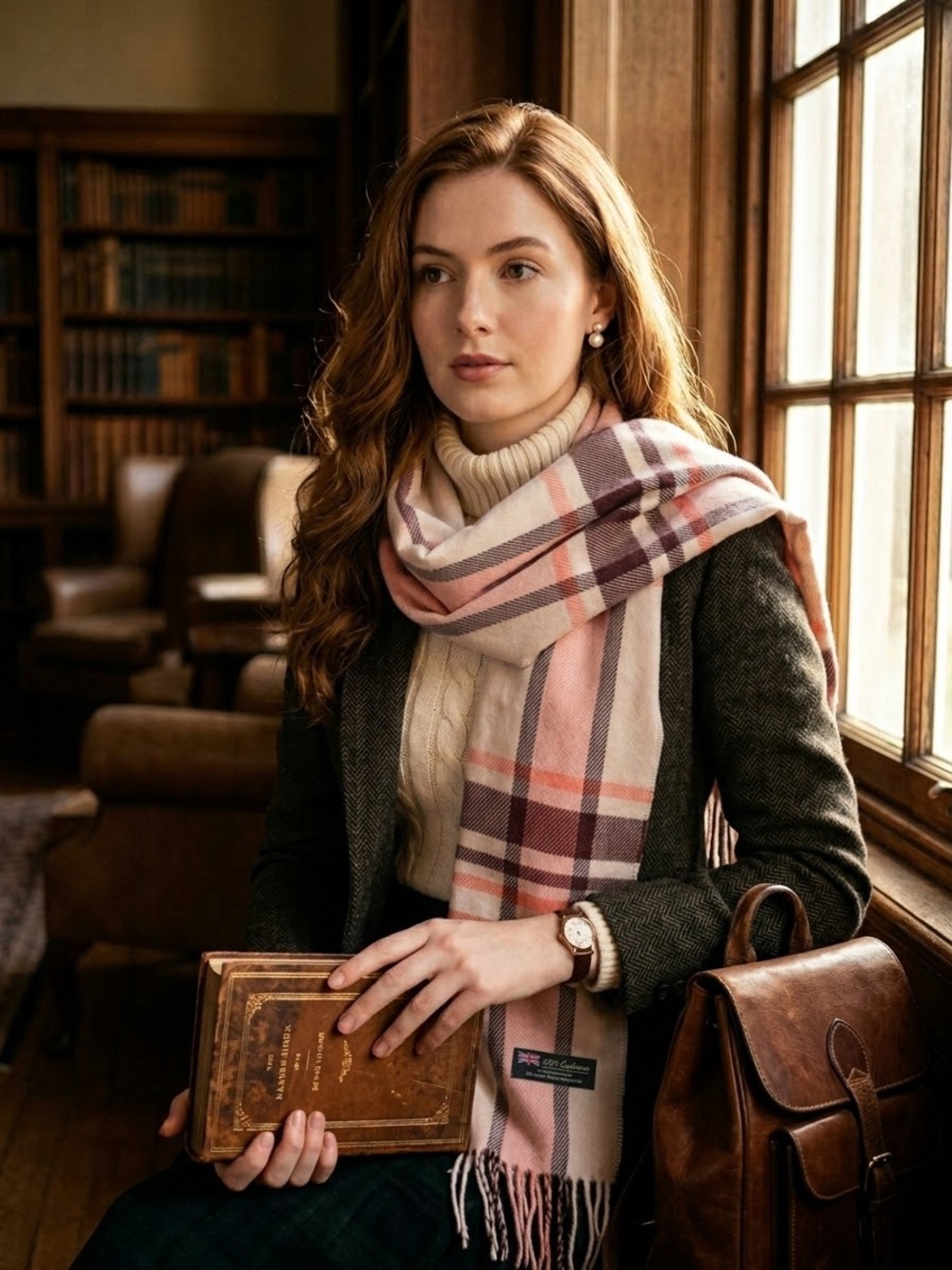 Vintage Luxury Scottish Cashmere Plaid Scarf Soft Pink Orange Check Academia